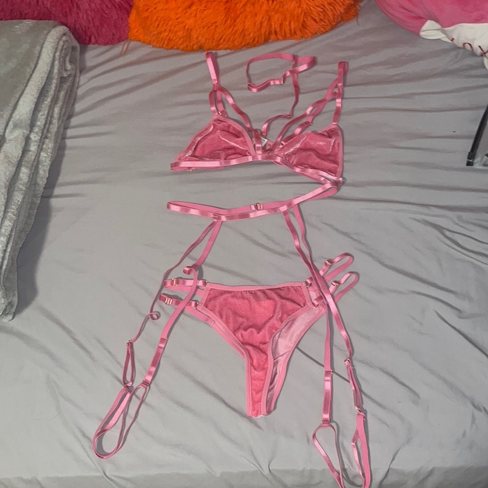 Stripper outfit set, intimate, with garter and a shocker attached to the top.